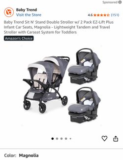 BRAND NEW BABY TREND SIT’N’STAND DOUBLE STROLLER W/ INFANT CAR SEATS