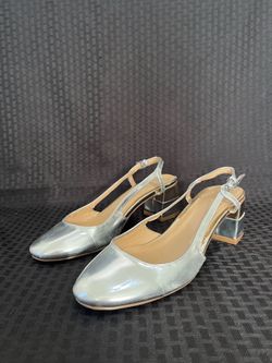 Metaphor Silver Metallic Slingback Block Heel Pumps
