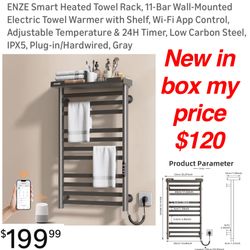 New in box ENZE Smart Heated Towel Rack, 11-Bar Wall-Mounted Electric Towel Warmer with Shelf, Wi-Fi App Control, Adjustable Temperature & 24H Timer, 