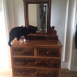 Antique Wooden Dresser With Beveled Mirror