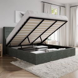 King Size Lift Up Hydraulic Storage Bed Frame Dark Grey Modern Wingback Headboard, Upholstered Platform Bed Frame, Hydraulic Underneath Storage, No Bo