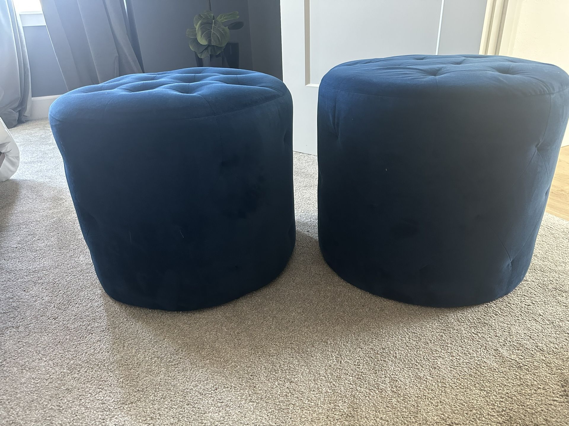 Pair Blue Velvet Ottomans