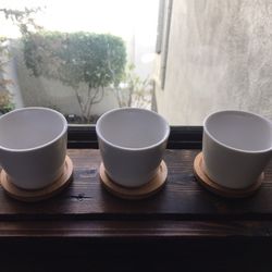 Three mini white Ceramic pots with Bamboo coasters - perfect for a Windowsill and succulents