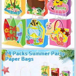 MotiMind 24 Pcs Beach Party Paper Bags, Hawaiian Summer Pool Goodie Candy Gift Treat Bags with Handles for Aloha Luau Tropical Party Favors Supplies