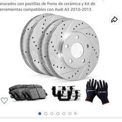 Perforated and grooved brake rotors with ceramic brake pads and tool kit compatible with Audi A3 2010-2013