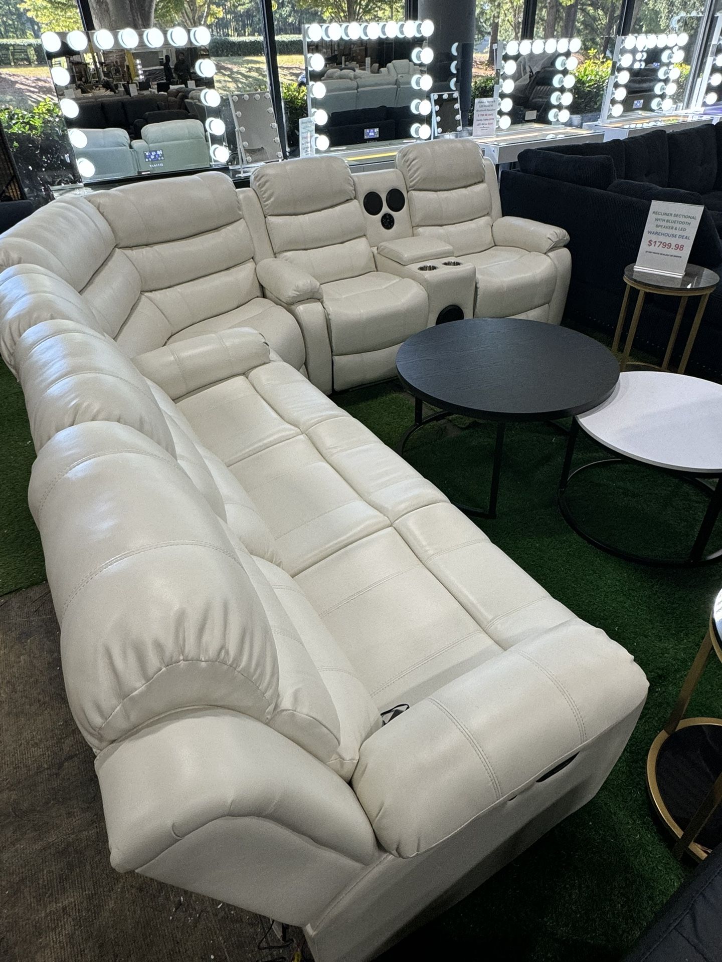 White Living Room Recliner Sectional with Bluetooth Speaker and LED Lights
