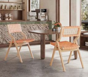 Soohow Woven Seat & Webbing Back, Armless Accent Set of 2 Folding, Foldable Indoor Stackable Wooden Kitchen & Dining Room, Orange Leather/Wood Color C