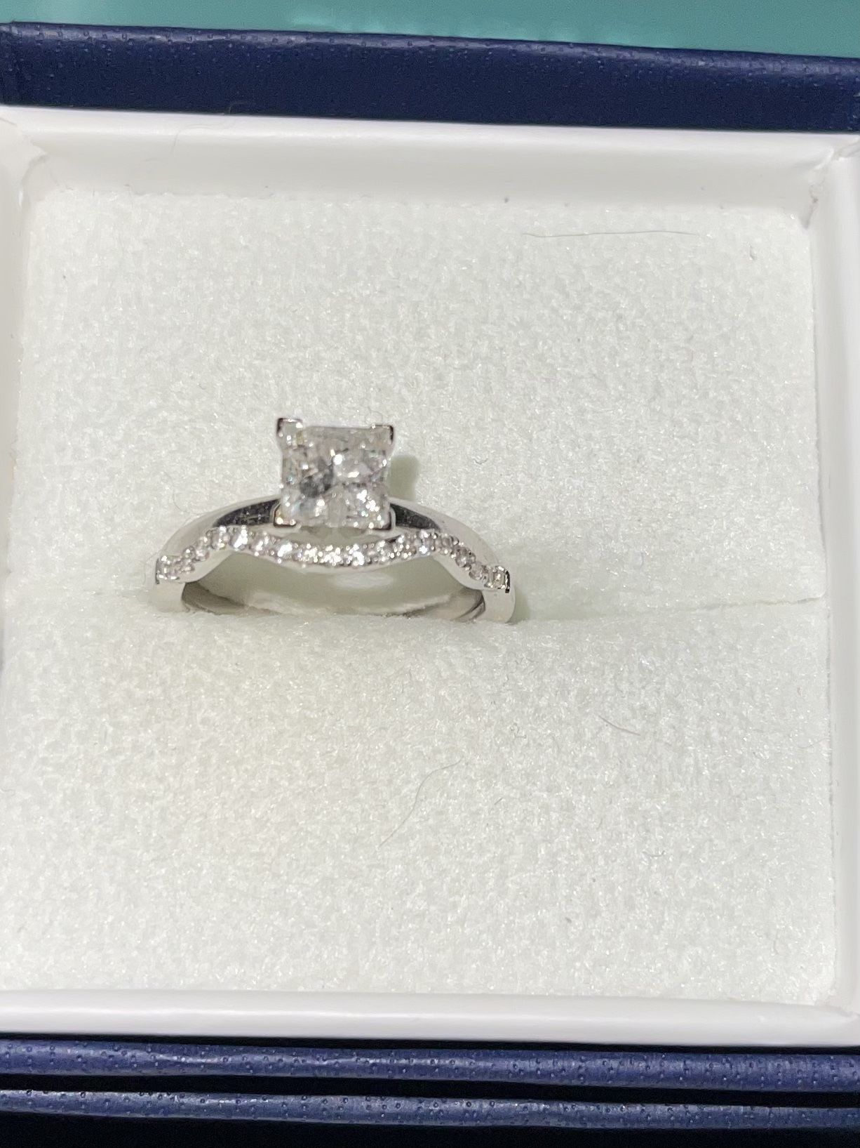 Size 7 White Gold .9 Carat Princess Cut Solitaire with diamond wavy wedding band