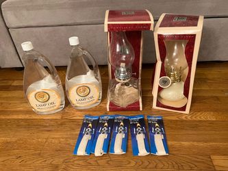 2 Vintage Lamplight Farms Oil Lamps + 2 Lamplight Farms Lamp Oil (64 oz Each) + 5 Lamplight Farms Wicks