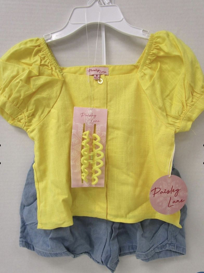 Paisley Lane Girls 3 Pc Denim Short/Yellow Shirt/matching Yellow Hair Clip Set Outfit