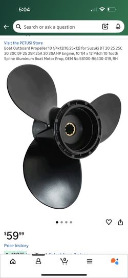 Boat Outboard Propeller 10 1/4x12(10.25x12) for Suzuki DT 20 25 25C 30 30C DF 25 25R 25A 30 30A HP Engine, 10 1/4 x 12 Pitch 10 Tooth Spline Aluminum 