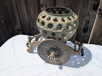 Heavy Cast Iron Wheel Planter Vase Garden Decor Made In Japan