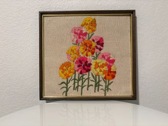 Vintage Crewel Needlepoint Colorful Floral Art