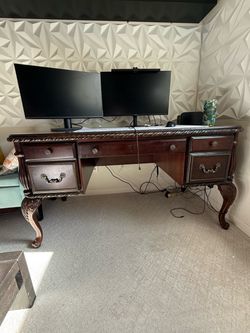 Large Ornate Wood Writing Desk
