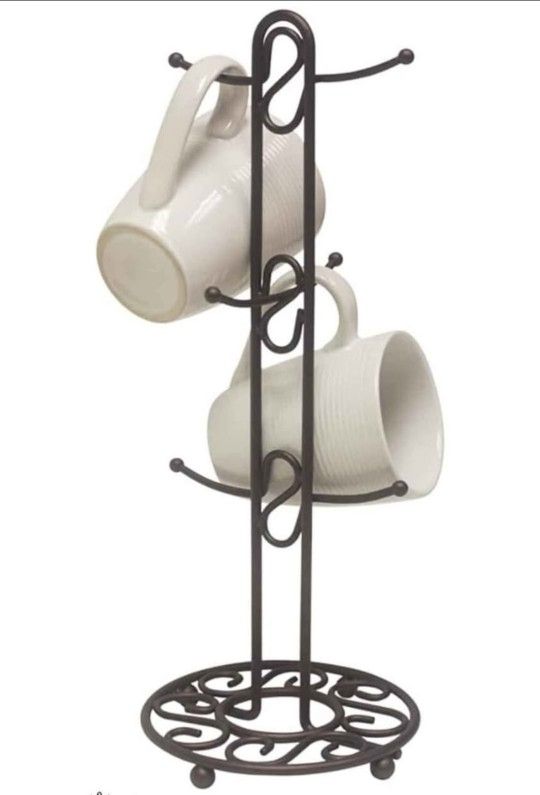 Home Basics Collection Coffee Mug Tree, Bronze metal, holds 6 mugs, EUC