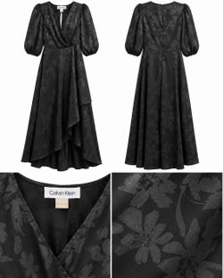 Calvin Klein Black Floral Jacquard Wrap Midi Dress Size XL