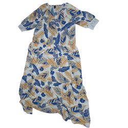 Emery Rose Summer Blue and Mustard Leaf / Floral Print Maxi Dress