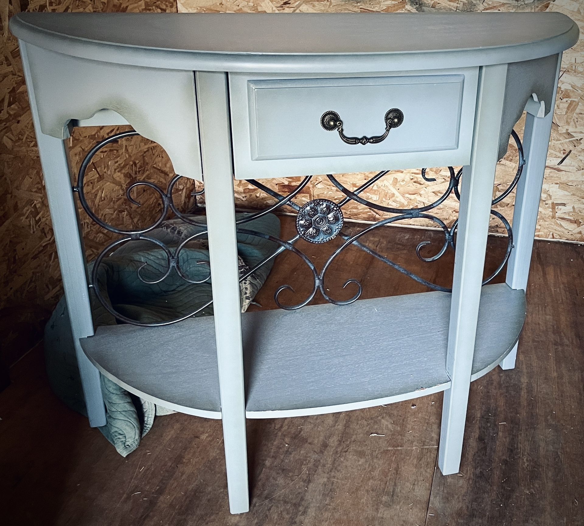 Distressed Blue Console Table with Metal Scrollwork