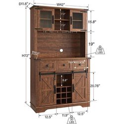 OKD Wood Bar Kitchen Pantry Storage Cabinet with Wine and Glass Rack, Drawers, Adjustable Shelves (New in box )
