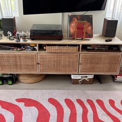 Emilie Mid Century Light Brown Mango Wood Woven Cane Iron Base Media Console