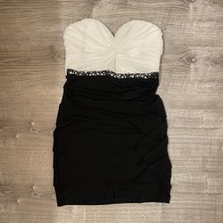 Medium Strapless Dress Black And White With Rhinestones