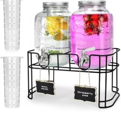 1 Gallon Glass Drink Dispensers For Parties 2PACK.Beverage Dispenser,Glass Drink Dispenser With Stand And Stainless Steel Spigot 100% Leakproof.Lemona