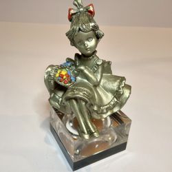 Vintage PELTRO CESELLATO A MANO Pewter Girl Figurine Lucite Base, Made In Italy 