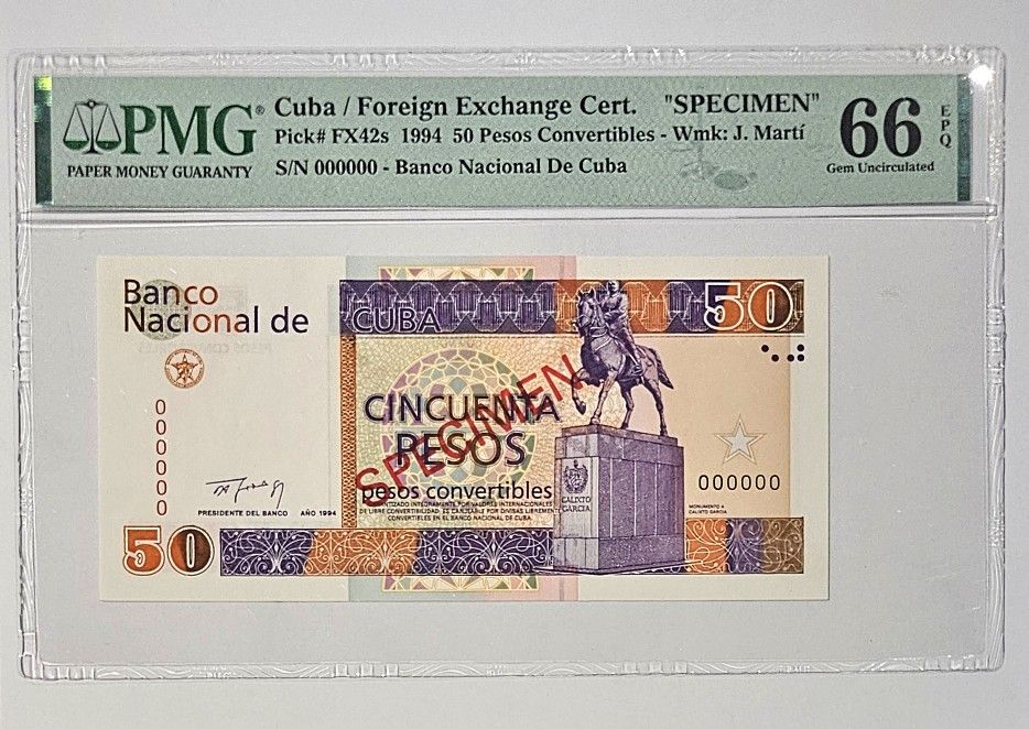 50 Pesos Specimen Convertible 1994 Cuba Pmg 66