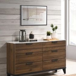 Brand New 6-Drawer Walnut Brown Dresser with Faux Marble Top