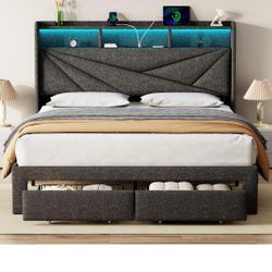 Driftalia LED Full Size Bed Frame with 2 Storage Drawers, Upholstered Full Bed Frame with Headboard and Charging Station, No Box Spring Needed, Easy t