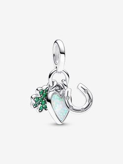 Pandora Four Leaf Clover Heart and Horseshoe Triple Dangle Charm