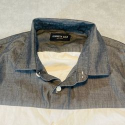Kenneth Cole New York Mens M Colorblock Button Up Short Sleeve Shirt White Gray