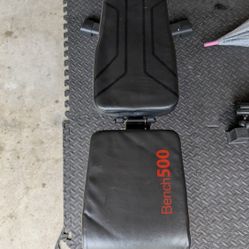 Weight Bench, Barbell, Weight Rack, And Plates