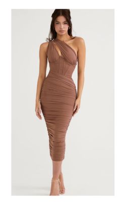Luxeddress Asymmetric One Shoulder Cutout Ruched Corset Mesh Midi Dress - Brown
