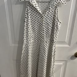 White and black polka dot midi dress with button up collar size 12
