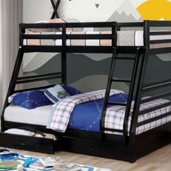 Brand New Black Twin Over Full Bunk Bed w Trundle Drawers
