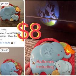 $8 Fisher Price Lov U Zoo Baby Soother & projector play music,relaxing Sounds lights up batteries in