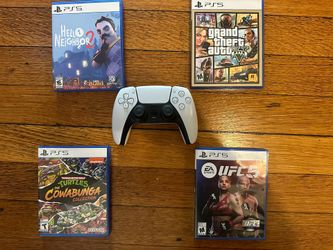 Ps5 lot: controles, GTA 5, UFC 5, TMNT cowabunga collection, Hello Neighbor 2