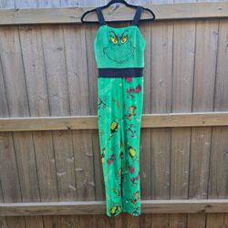 Dr Seuss Grinch Jumpsuit Womens Small Green Fleece Pajama Loungewear One-piece