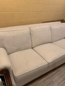 White Fabric Three-Seat Sofa with Wood Frame