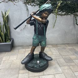 Bronze statue “lost Wax” Boy Golfer In Dad's Shoes, Hat And Club