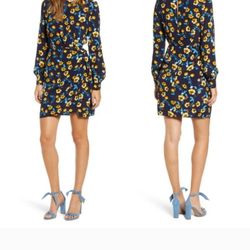 ASTR Size XS Floral Apron Front Long Slv Dress Navy Blue Yellow Floral Print