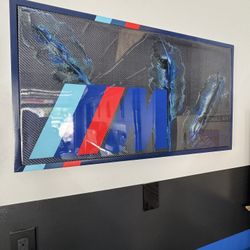 BLUE BMW M LOGO ON REAL METALLIC BLUE CARBON FIBER FRAMED CUSTOM ART WORK