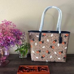  Coach City Tote In Signature Canvas With Halloween Print CW450