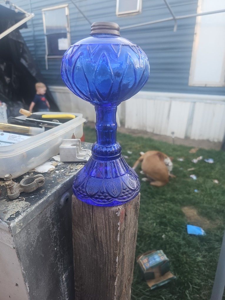 Cobalt Blue Glass Tall Princess Feather Kerosene Oil Lamp Antique Hong Kong