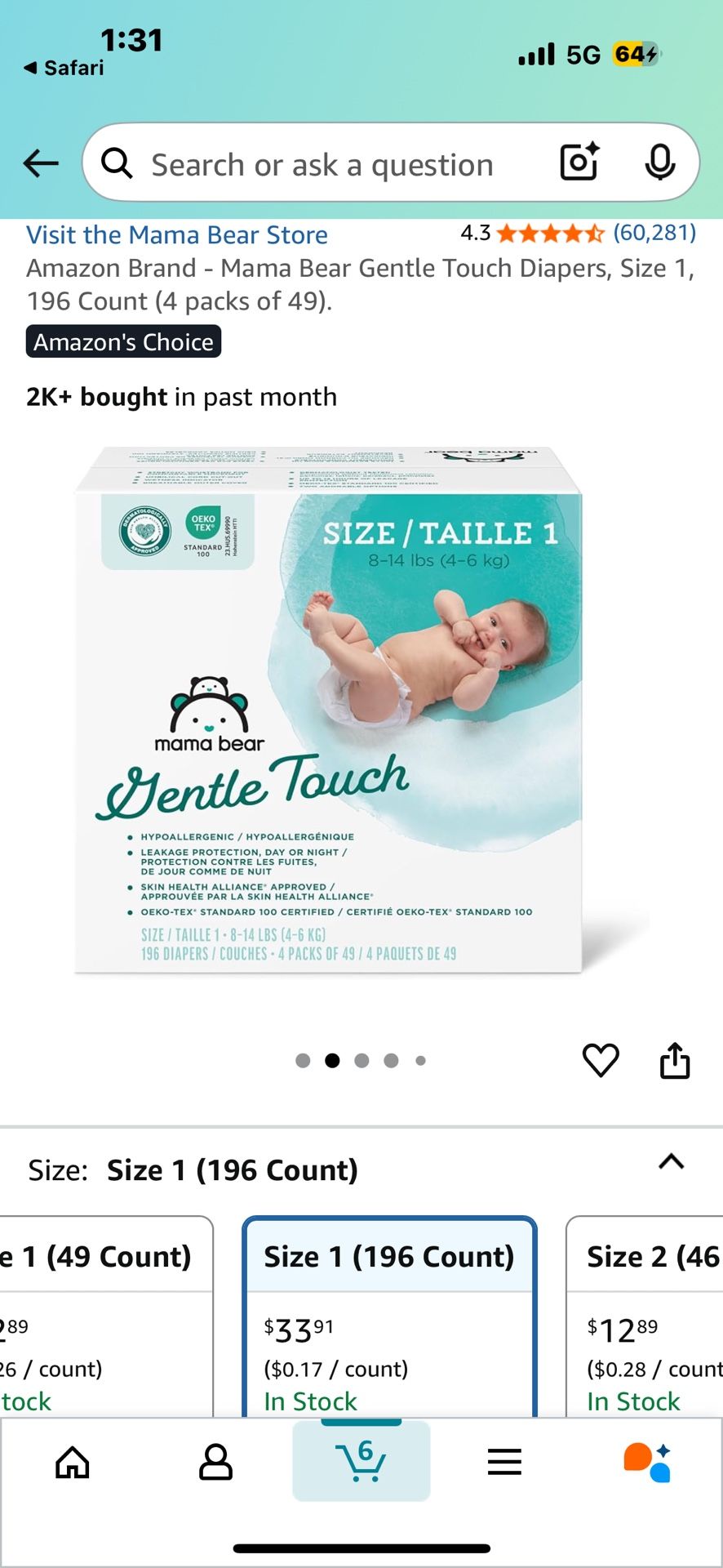 Mama Bear Gentle Touch Diapers, Size 1, 196 Count