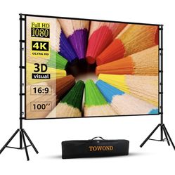 Projector Screen and Stand,Towond 100 inch Projection Screen Outdoor Indoor, Portable 16:9 4K HD Rear Front Movie Screen with Carry Bag Wrinkle-Free D