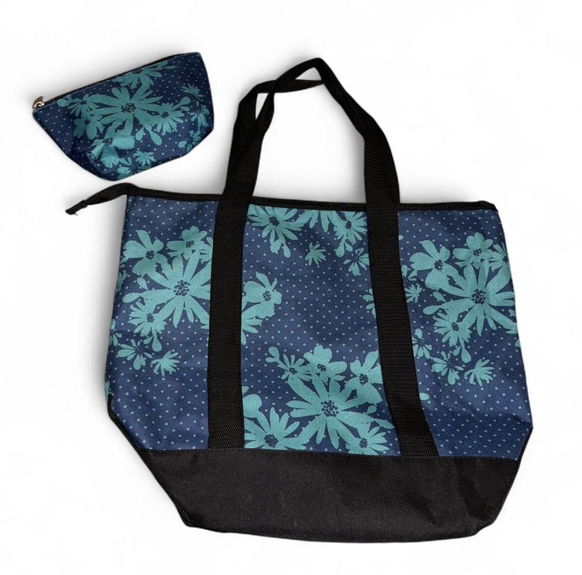 Blue Floral Canvas Tote With Matching Cosmetic Bag