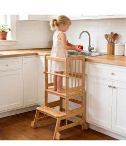 BRAND NEW Toddler Standing Step Stool Counter with Anti-Slip Feet, Hold Up to 450 LBS, Natural Bamboo