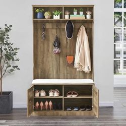 Hall Tree with Storage Bench and Coat Racks, Entryway Organizer with 2 Cabinet Doors 